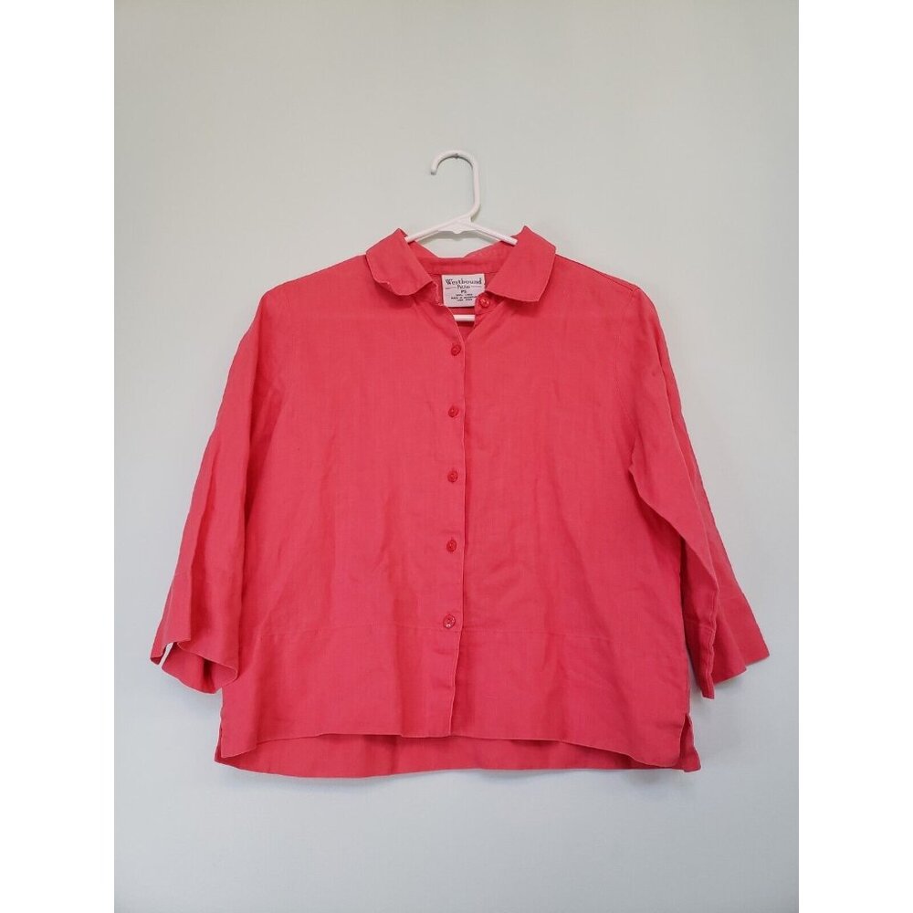 Westbound Petites Women's Sz PS Linen Pink Slit Hem 3/4 Sleeve Button Front Top